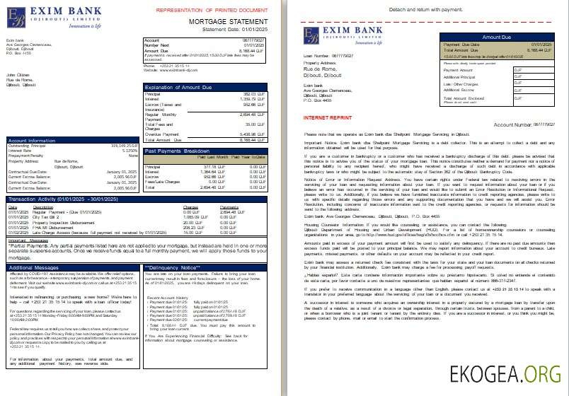 Relevé hypothécaire de la banque Djibouti Exim, 3 pages, 1, 2 scr